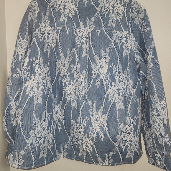 Lace Overlay Blue Medium Button Down Shirt - Picture 5 of 6